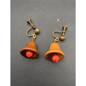 Vintage Wooden Bell Christmas Screw Back Earrings